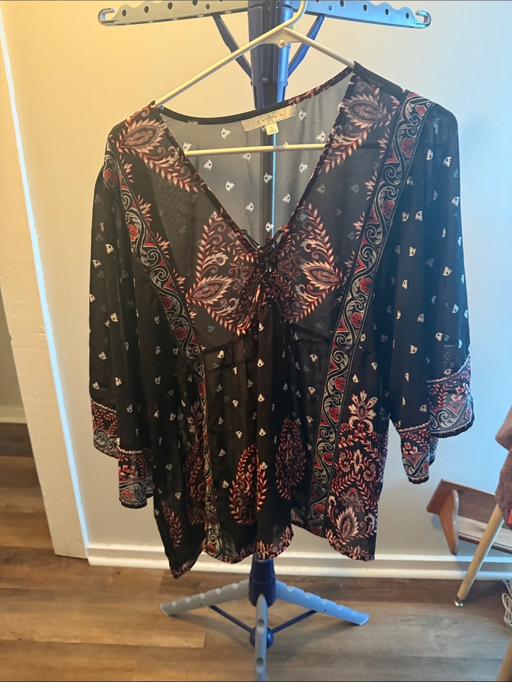 Fever Black Paisley-Print Peasant Tunic with Red Accents